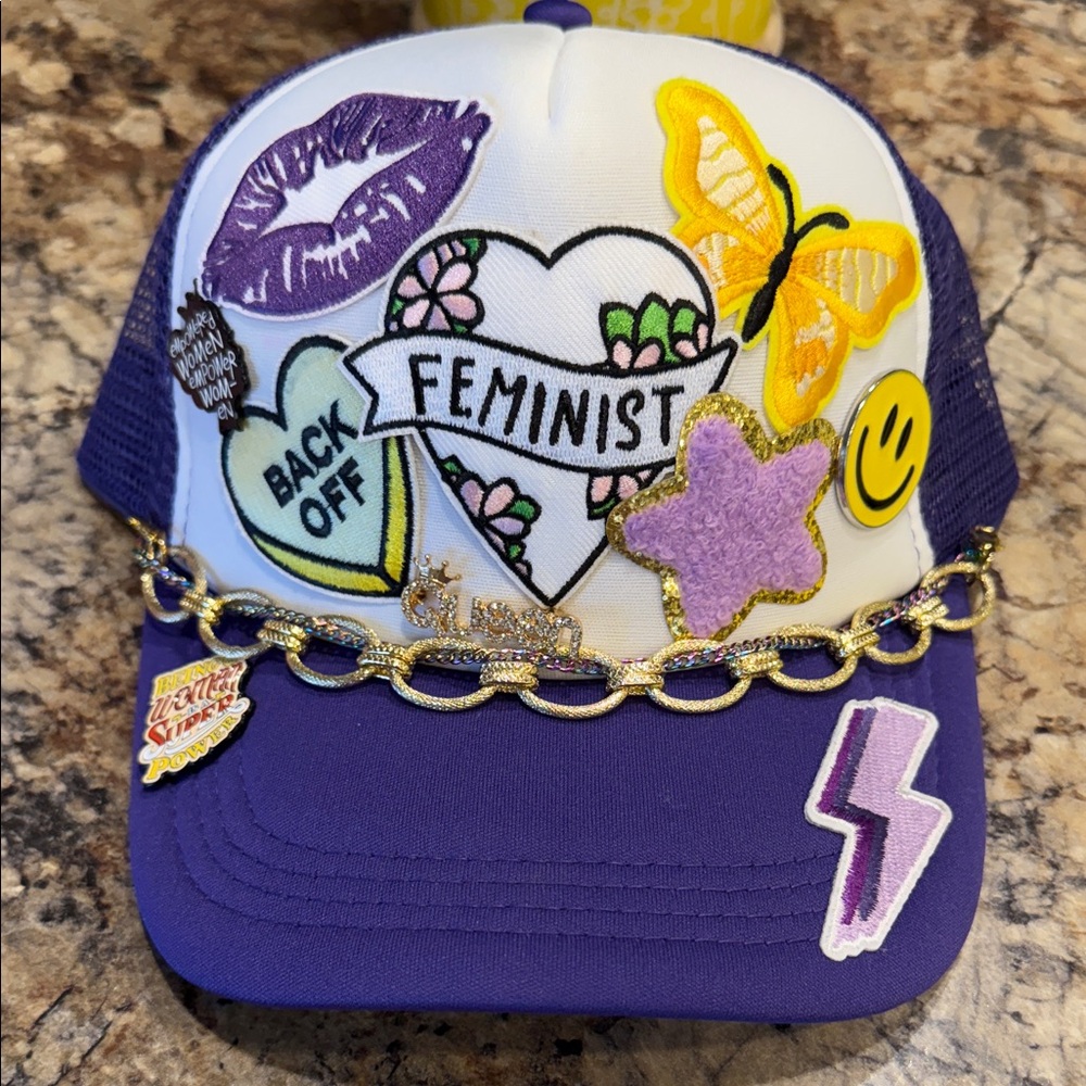 Purple and White Feminist Cap with Chain Detail